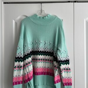 crown & ivy Mint and Pink Fair Isle Mock Neck Sweater. Women’s Oversized Medium